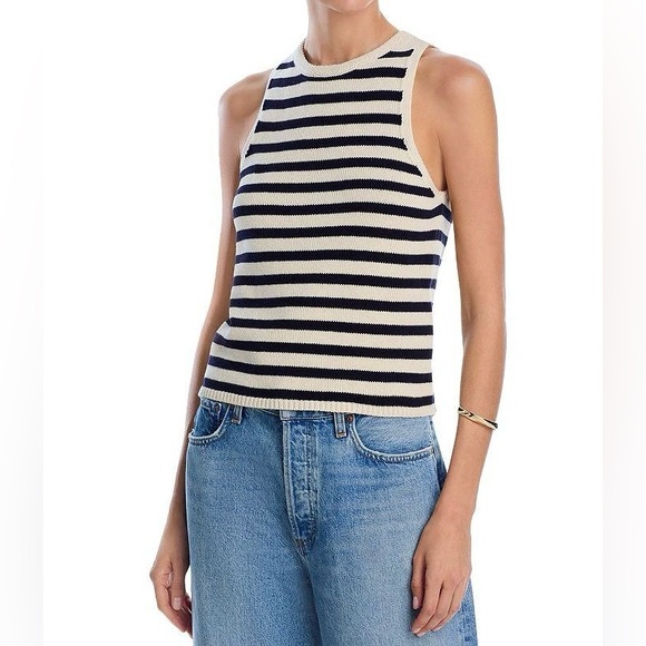AQUA Women's Striped Sleeveless Knit Sweater Tank Top Round Neck Beige Black - Picture 1 of 8
